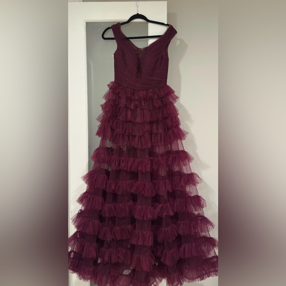 Burgundy Ruffled Gown / sheer maxi dress